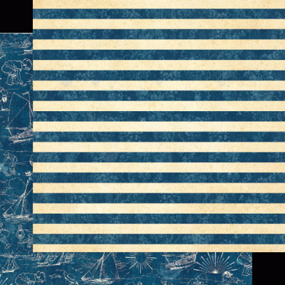 Papel de parede listrado azul-escuro e bege com desenhos náuticos brancos em fundo azul