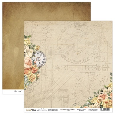 Papel decorativo para scrapbooking com desenhos técnicos e flores