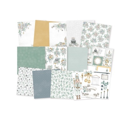 Conjunto de papel de scrapbooking com desenhos natalícios e padrões florais em tons pastel