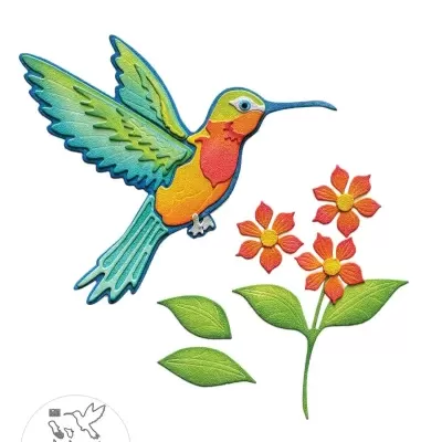 Conjunto de recortes artesanais beija-flor colorido e flores vermelhas com folhas verdes