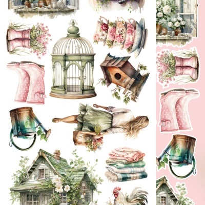 Ilustração de janela, gato, gaiola, galões, rapariga, casa de campo, galo e flores