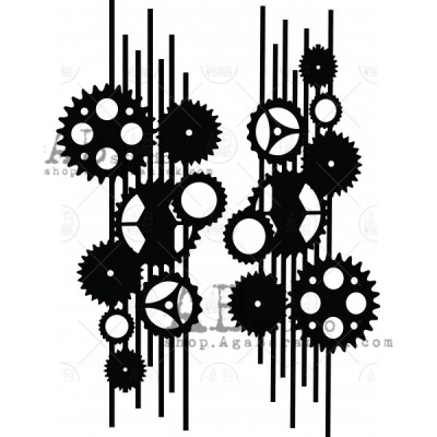 Ilustração preta de engrenagens circulares sobre linhas verticais pretas