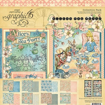 Pack de papéis decorativos Alice's Tea Party com ilustrações de chá e personagens em tons pastel