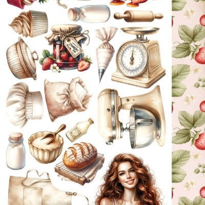 Ilustração digital de utensílios de pastelaria, alimentos e uma mulher com vestido estampado, fundo com padrão de morangos.