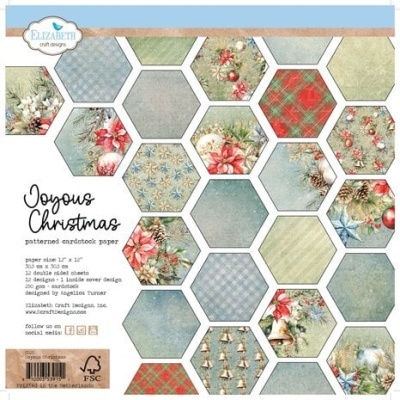 Papéis decorativos hexagonais com motivos natalícios em várias cores e texturas.