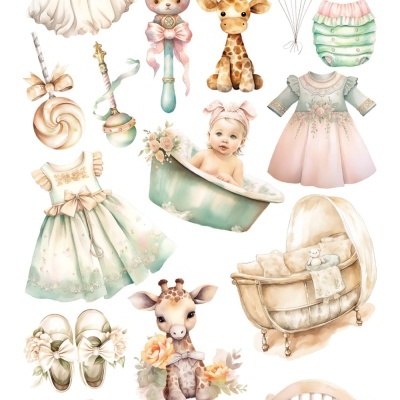 Acessórios de bebé para recorte com vestidos, brinquedos e elementos decorativos em tons pastel