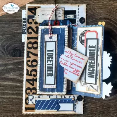 Cartões e etiquetas decorativas em papel com textos TOGETHER e INCREDIBLE, padrões numerados e coração com texto manuscrito