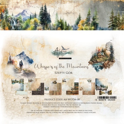 Capa decorativa com ilustrações de montanhas, floresta e cascata, texto 'Whispers of the Mountains' e código de produto AA-WOTM-08