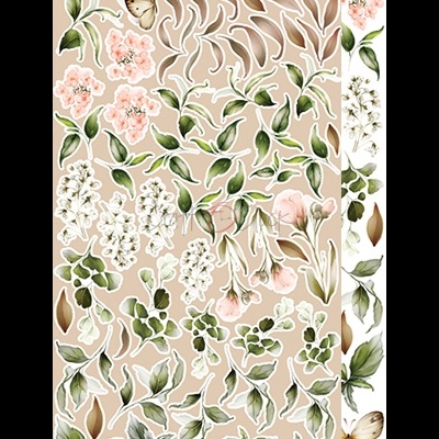 Autocolantes decorativos com flores, folhas e borboletas em tons de verde, branco, cor-de-rosa e bege