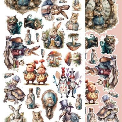 Autocolantes decorativos ilustrando coelhos, gatos e elementos vintage em estilo aquarela.