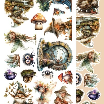 Ilustrações digitais coloridas de personagens fantásticos e elementos naturais para aplicação em artesanato ou decoração.