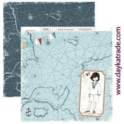 Papel decorativo dupla face com mapas náuticos e ilustração de criança