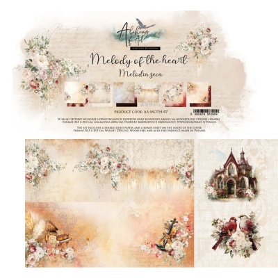 Design floral vintage com texto 'Melody of the heart' e elementos decorativos como violino e pássaros.