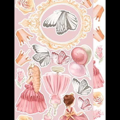 Autocolantes de vestido de princesa, borboletas, coroas e flores em tons cor-de-rosa e bege