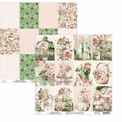 Folhas de papel decorativo com padrões florais e imagens vintage coloridas em tons de rosa, verde e branco.