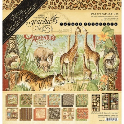 Pacote papercrafting Graphic 45 Safari Adventure com ilustrações de safári e animais