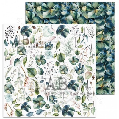 Folhas quadradas de papel decorativo com padrões botânicos em cores verdes e azuis