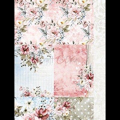 Papel decorativo com várias estampas florais e padrões suaves em tons pastel.