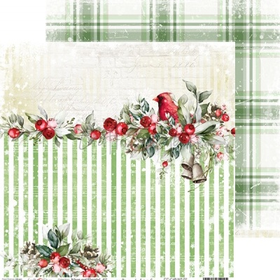 Papel decorativo com riscas verdes, flores vermelhas, folhas, pássaro vermelho e sinos em fundo creme