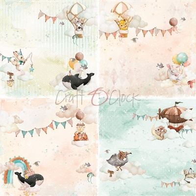 Papel de parede infantil com animais fofos em tons pastel e nuvens