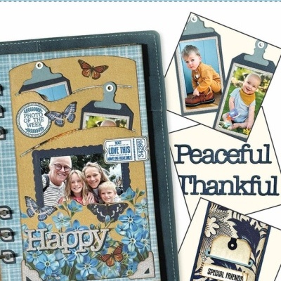 Recortes para scrapbooking com bolsos, flores azuis, borboletas e textos decorativos