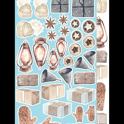 Ilustrações de itens natalinos e de inverno em fundo azul