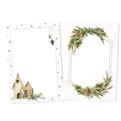 Dois cartões natalícios com molduras decoradas com casas de madeira e elementos naturais