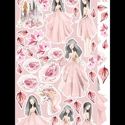 Ilustrações de mulheres em vestidos rosa, flores, folhas e cavalo branco com flores