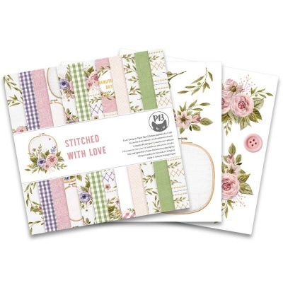 Conjunto de papéis decorativos florais e xadrez para artesanato com etiqueta STITCHED WITH LOVE