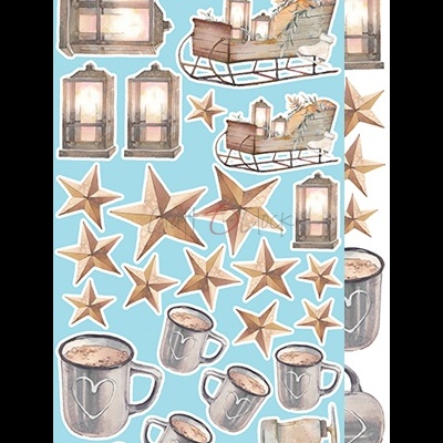 Elementos decorativos desenhados: trenó, estrelas, canecas com corações, lanternas e patins de gelo sobre fundo azul claro.