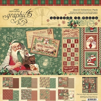 Papéis decorativos natalícios com temas de Papai Noel e números em tons vermelhos, verdes e creme.