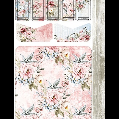 Cortes adesivos florais com etiquetas e padrões decorativos em tons pastéis