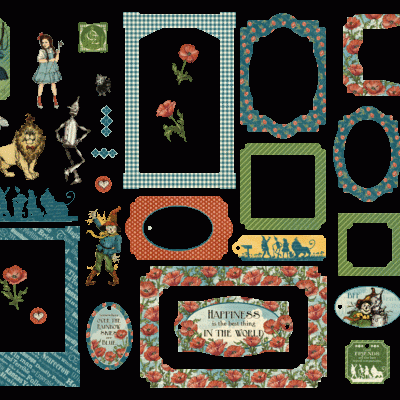 Etiquetas e molduras decorativas com personagens de fantasia e texto