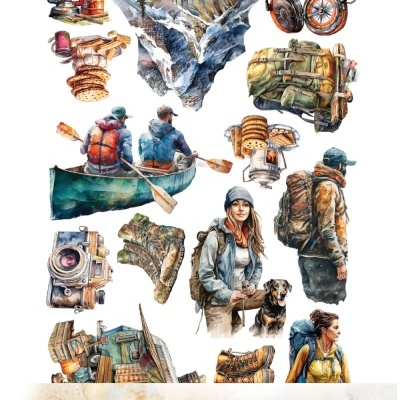 Ilustração de equipamentos e atividades ao ar livre, mochilas, botas, bússola, fogueira, canoas e paisagem montanhosa em aquarela.