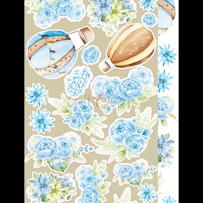 Imagens recortadas de flores azuis e lilases e hot air balloons sobre fundo bege