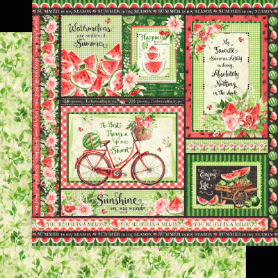 Painel de tecido com ilustrações de melancias, bicicleta, flores e textos em inglês sobre verão