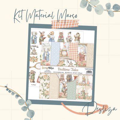 Kit de material artesanal Scrap Boys Bedtime Tales com ilustrações de animais vestidos e padrões coloridos