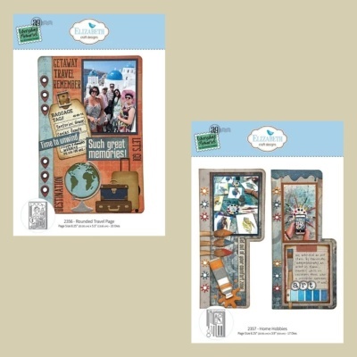 Capas de páginas de scrapbook com temas de viagem e hobbies artísticos