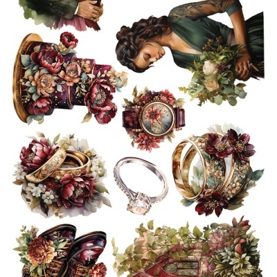 Elementos decorativos para recorte com casal, flores, joias, móveis e texto Melody of the heart.