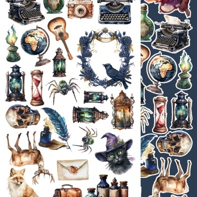 Autocolantes variados com temática vintage e mágica, incluindo objetos e animais em tons terra e pastel.