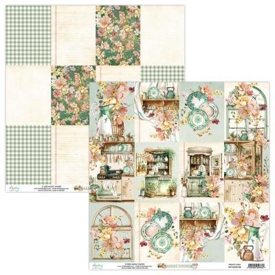 Papel decorativo dupla-face com padrões florais, xadrez e móveis vintage