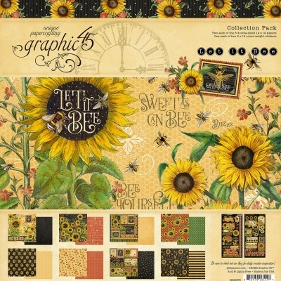 Conjunto de papéis decorativos com tema de girassóis e abelhas, cores amarelo, verde, preto e vermelho.