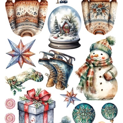 Ilustrações de inverno com suéteres, boneco de neve, patins, estrelas, presente, bolas de Natal e globo de neve.