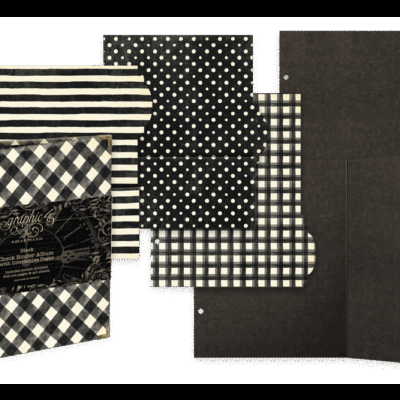 Álbum e folhas decorativas com padrões em preto e branco, incluindo listras, bolinhas, e xadrez.