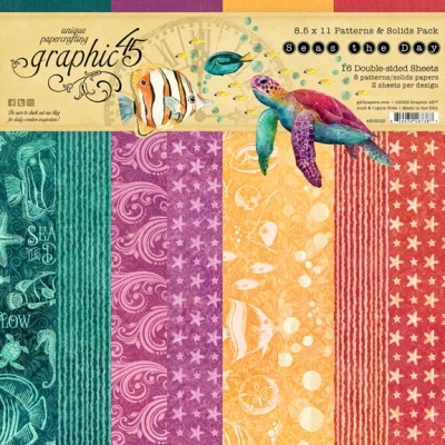 Conjunto de papel de scrapbooking com padrões marinhos coloridos em verde, roxo, amarelo e vermelho.