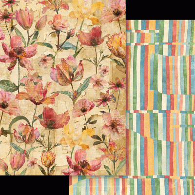 Papel decorativo com padrão floral colorido e padrão de listras coloridas.