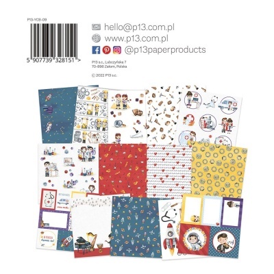 Folhas decorativas e etiquetas com temas médicos e infantis em várias cores.