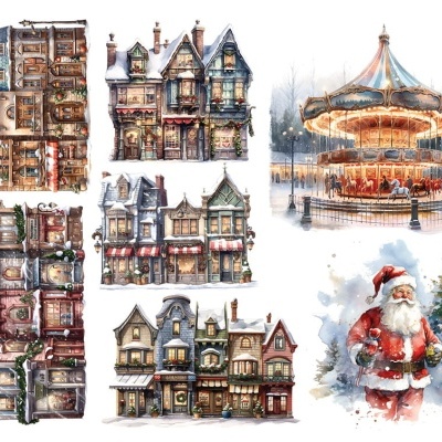 Ilustrações em aquarela de edifícios antigos, um carrossel e um Pai Natal, em estilo festivo