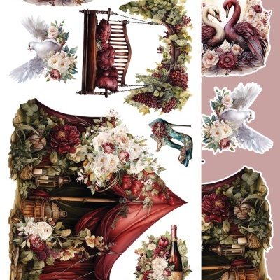 Ilustrações decorativas com aves, flores, frutas e guarda-chuva vermelho