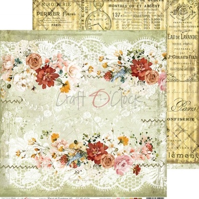 Papel decorativo vintage com flores e texto francês